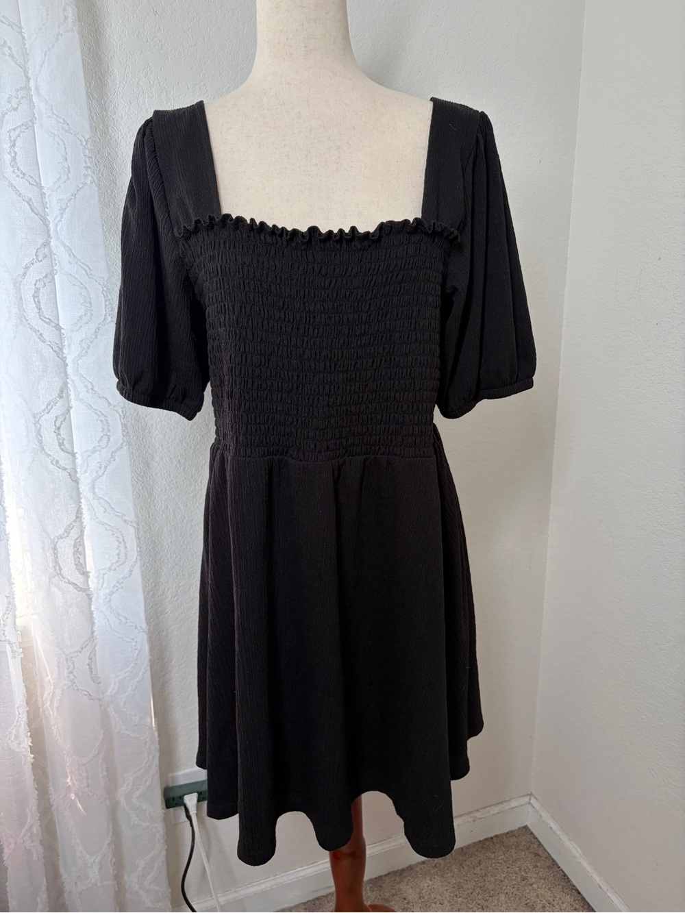 Nine West XXL Black Smocked Babydoll Dress Puff Sleeve Square Neck Stretch